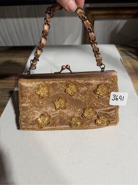 #3691-Obagi Gold Beaded Floral Satin Wristlet with Braided Handle